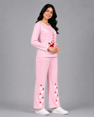 Women Round-Neck Lounge Wear | Red Butterfly - Baby Pink