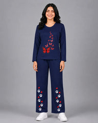 Women Round-Neck Lounge Wear | Red Butterfly - Navy Blue