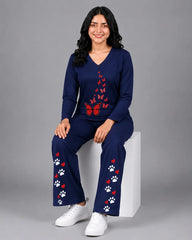 Women V-Neck Lounge Wear | Red Butterfly - Navy Blue