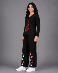 Women V-Neck Lounge Wear | Red Butterfly - Black