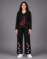 Women V-Neck Lounge Wear | Red Butterfly - Black