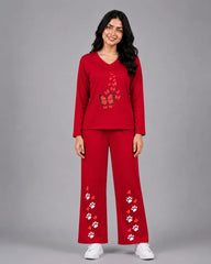 Women V-Neck Lounge Wear | Red Butterfly - Red
