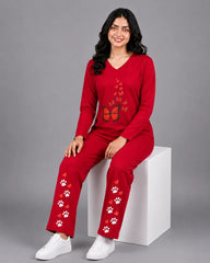 Women V-Neck Lounge Wear | Red Butterfly - Red