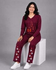 Women V-Neck Lounge Wear | Red Butterfly - Maroon