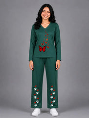 Women V-Neck Lounge Wear | Red Butterfly - Sherwood Green