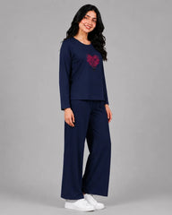 Women Round-Neck Lounge Wear | Tree Heart - Navy Blue