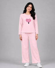 Women Round-Neck Lounge Wear | Tree Heart - Baby Pink