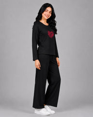 Women Round-Neck Lounge Wear | Tree Heart - Black
