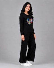 Women Round-Neck Lounge Wear | Love Color - Black