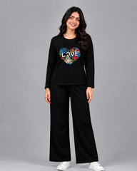 Women Round-Neck Lounge Wear | Love Color - Black