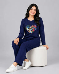 Women Round-Neck Lounge Wear | Love Color - Navy Blue