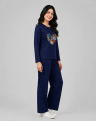 Women Round-Neck Lounge Wear | Love Color - Navy Blue