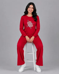 Women Round-Neck Lounge Wear | Flower - Red