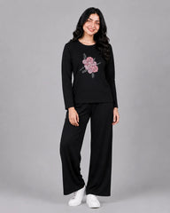 Women Round-Neck Lounge Wear | Flower - Black