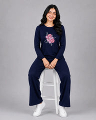 Women Round-Neck Lounge Wear | Flower - Navy Blue