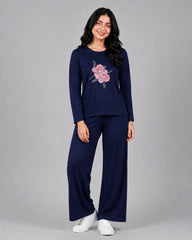 Women Round-Neck Lounge Wear | Flower - Navy Blue