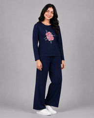Women Round-Neck Lounge Wear | Flower - Navy Blue