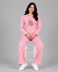 Women Round-Neck Lounge Wear | Flower - Baby Pink