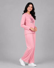 Women Round-Neck Lounge Wear | Flower - Baby Pink