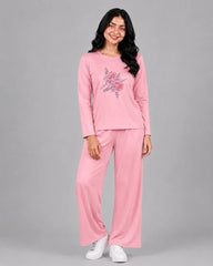 Women Round-Neck Lounge Wear | Flower - Baby Pink