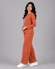 Women Round-Neck Lounge Wear | Flower - Rusty