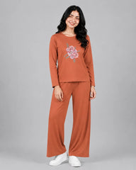 Women Round-Neck Lounge Wear | Flower - Rusty