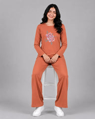 Women Round-Neck Lounge Wear | Flower - Rusty