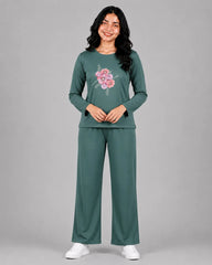 Women Round-Neck Lounge Wear | Flower - Sherwood Green