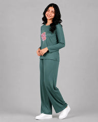 Women Round-Neck Lounge Wear | Flower - Sherwood Green