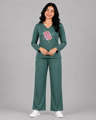 Women V-Neck Lounge Wear | Flower - Sherwood Green