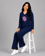 Women V-Neck Lounge Wear | Flower - Navy Blue