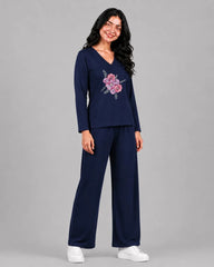 Women V-Neck Lounge Wear | Flower - Navy Blue
