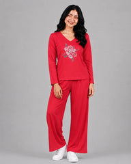 Women V-Neck Lounge Wear | Flower - Red
