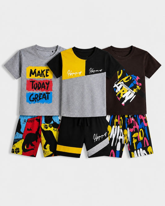 Pack Of 3 Kids Short Set | Grey Confidence, Brown Urban & Color Block