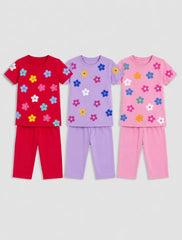 Pack Of 3 Kids Blossom Charm Pajama Set | Red, Purple & Pink