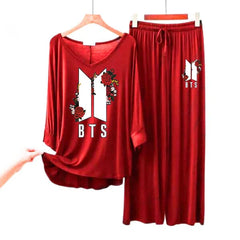 Women V-Neck Lounge Wear | BTS Flower - Red