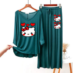 Women V-Neck Lounge Wear | Hello Kitty - Sherwood Green