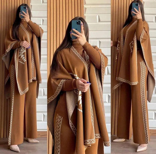 Winter Suit Cape Shawl High Neck & Trouser For Women