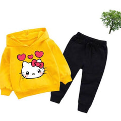 Yellow Kitty Printed Kids Hoodie Set