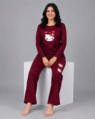 Women Round-Neck Lounge Wear | Hello Kitty - Maroon