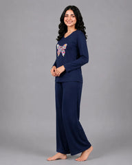 Women V-Neck Lounge Wear | Colored Butterfly - Navy Blue