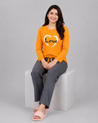 Women Premium 2 Piece Lounge Set | Love Heart - Yellow & Grey