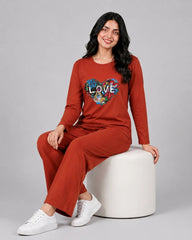 Women Round-Neck Lounge Wear | Love Color - Rusty