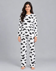 White Cow Print Fleece Casual Wear Set