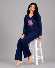 Women V-Neck Lounge Wear | Flower - Navy Blue