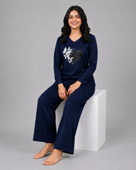 Women V Neck Lounge Wear | Black Heart - Navy Blue