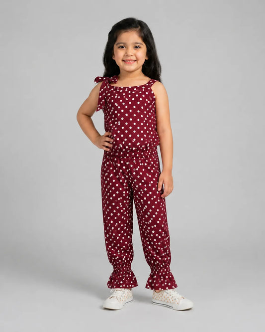 Girls Maroon Polka Dot Sleeveless Jumpsuit