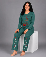 Women Round-Neck Lounge Wear | Red Butterfly - Sherwood Green