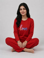 Women Round-Neck Lounge Wear | Multi Love - Red