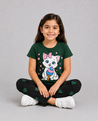 Sweet Kitty Ice Cream Girls Pajama Set - Green & Black